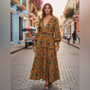 House of Harlow Boho Floral Paisley Print Ruffle Tiered Long Sleeve Maxi Dress S